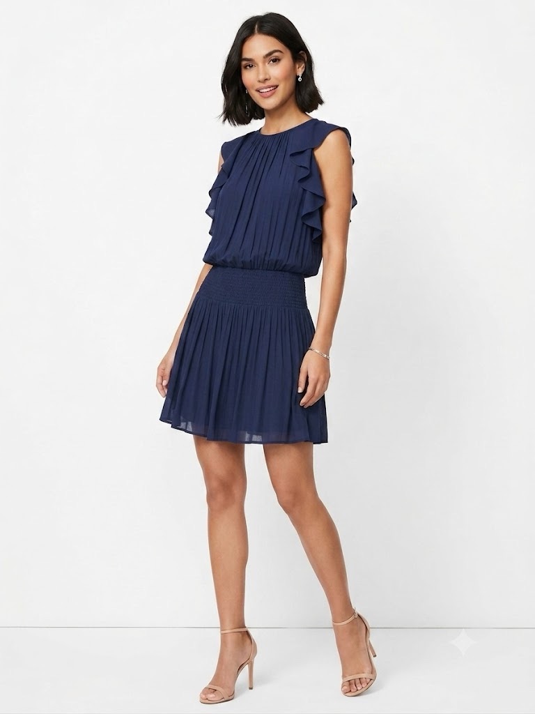 Nwt Ramy Brook Navy Blue Ruffle Smocked Drop Waist Mini Dress